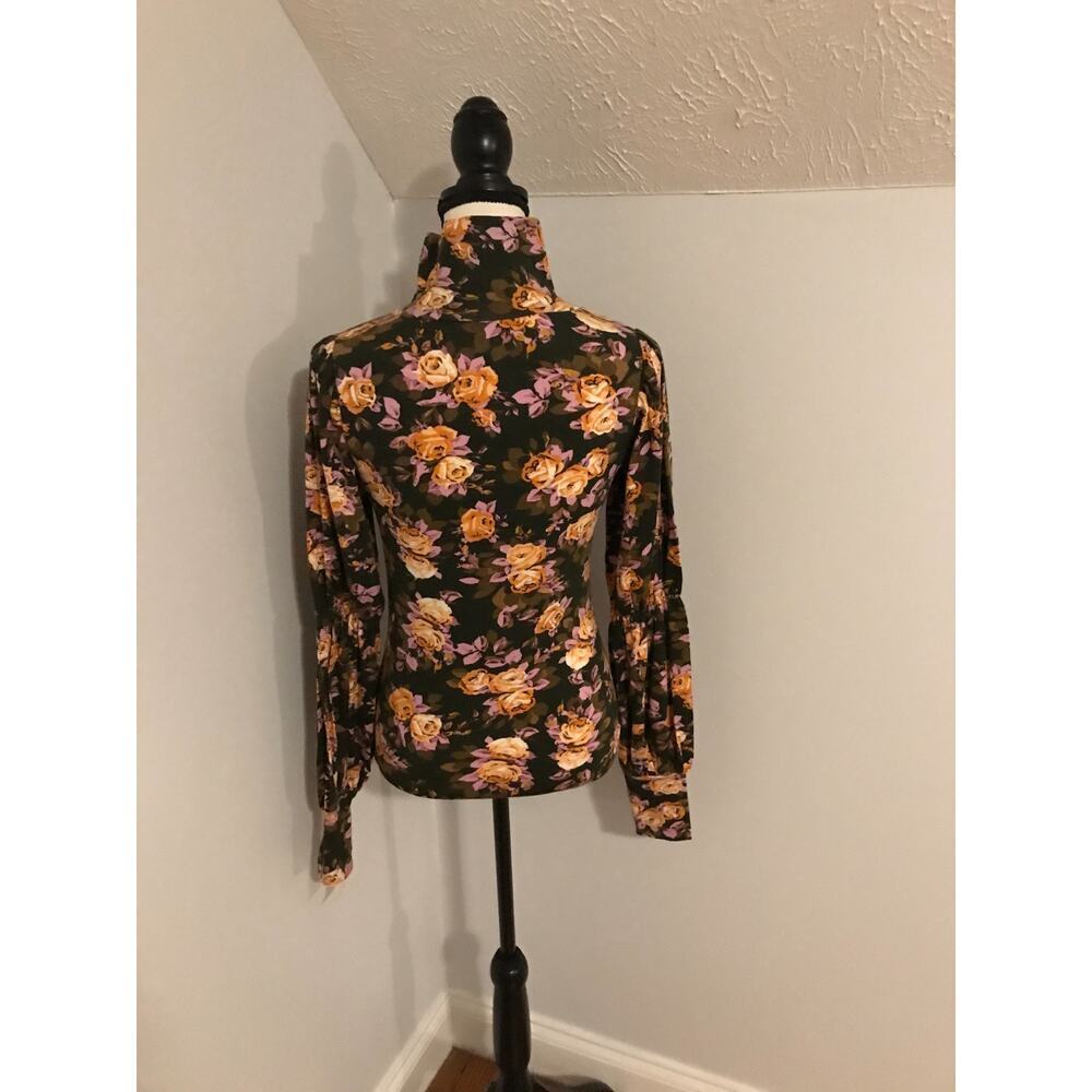 NWT Anthro Floral Turtleneck Top XS Puff Sleeve Brown Boho - Picture 4 of 12